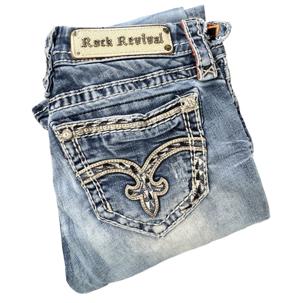 Rock Revival July Mid Rise Curvy Bootcut Jeans Distressed Size 28 x 29 RP9141B20